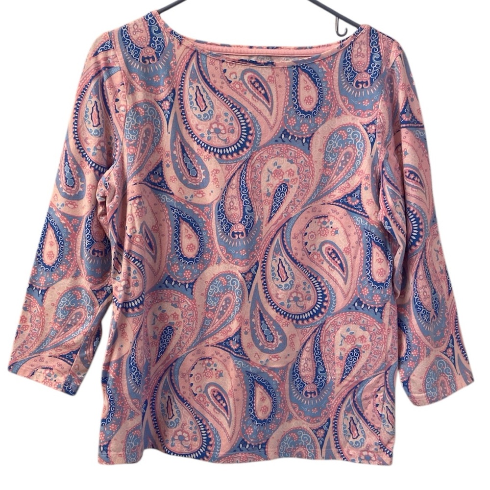 Talbots Tee Paisley Pink Blue 3/4 Sleeves Rounded Neck Line Cotton WM SZ Large